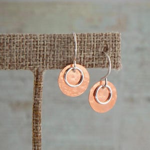 Silver Hammered Disc Earrings,Small Dangle Earrings,Small Silver and Copper Earrings,Hammered Disc Earrings,Mixed Metal Earrings,Handmade