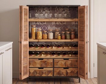 Rustic 2 Door Kitchen Larder Pantry | Wine Bar Drinks Cabinet With Shutter Bi Fold Doors And Black Metal Handles