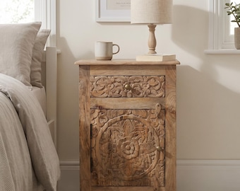 Boho Rustic Solid Light Carved Mango Wood 1 Drawer 1 Door Bedside Cabinet