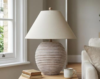 White Ceramic Table Lamp with Linen Shade – Textured Neutral Bedside Lamp – Rustic Modern Living Room Lighting – Scandinavian Style Lamp
