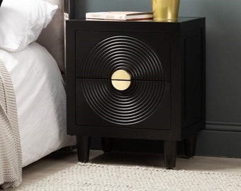 Gabriella 2 Drawer Black Wood Bedside Cabinet With Smoked Mirror Top