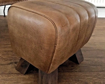 Genuine Leather Walnut Brown Pommel Stool Footstool Vintage Seat