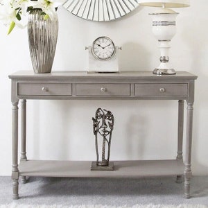 Arabella Taupe Wood Large 3 Drawer Narrow Slim Thin Console Table Hallway Table