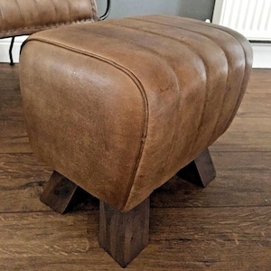 Genuine Leather Walnut Brown Pommel Stool Footstool Vintage Seat