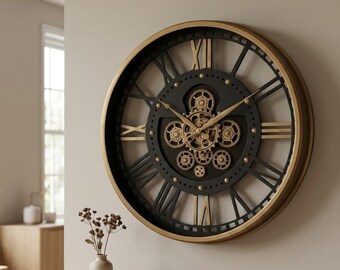 Large Unusual Antique Gold And Black Industrial Moving Gears Wall Clock 60cm