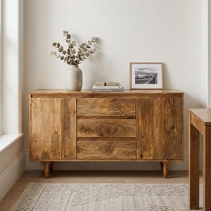May include: A light brown wooden sideboard featuring two side cabinets and three central drawers. The sideboard stands on four short, tapered legs. A light-coloured vase with eucalyptus branches and a framed black and white photograph sit on top.