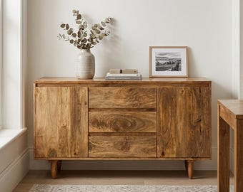 Scandi Boho Rustic Solid Mango Wood 3 Drawer 2 Door Sideboard Cabinet 130cm
