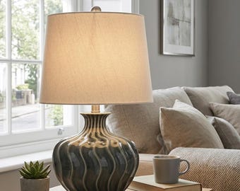 Grey Ceramic Table Lamp with Linen Shade – Textured Glazed Bedside Lamp – Modern Rustic Living Room Lighting – Neutral Home Decor