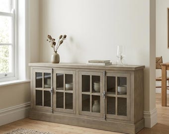Haldon Rustic Pine 4 Door Sideboard Cabinet with Glass Panel Doors | Country Farmhouse | Metal Twist Handle Locking Mechanism