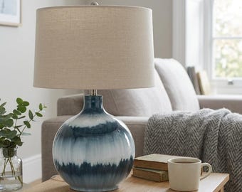 Large Blue Hand Dipped Glass Occasional Table Lamp With Natural Linen Shade