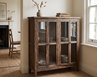 Rustic Wooden Sideboard Cabinet with Glass Doors – Slim Farmhouse Storage Cupboard – Narrow Hallway Console Unit – 102cm
