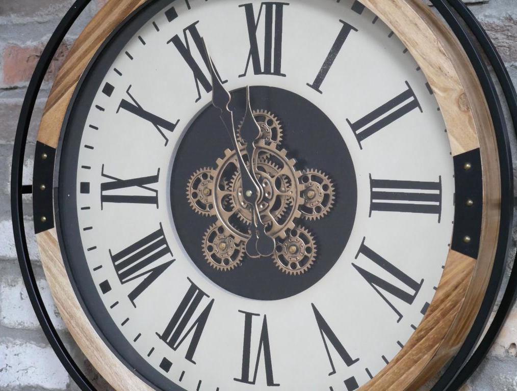 Large Industrial Unusual Wood and Black Metal Gold Moving Gears Wall ...