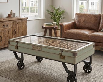 Industrial Rustic Coffee Table on Wheels | Vintage Fir Wood Display Coffee Table | Glass Top Printer Tray Storage | Extra Hidden Storage