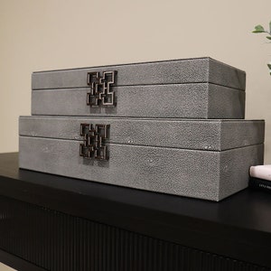 Set of 2 Narrow Faux Leather Decorative Jewellery Storage Boxes with Geometric Clasp 3 Colours -Grey/Black/White