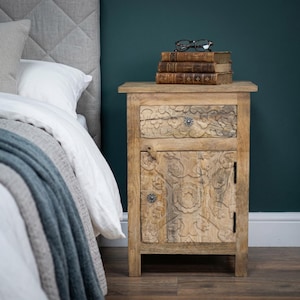Boho Rustic Solid Light Carved Mango Wood 1 Drawer 1 Door Bedside Cabinet