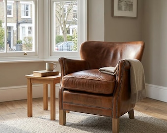Industrial Cognac Brown Real Brazilian Leather Cigar Armchair | Studded Leather Lounge Chair | Oak Feet | Vintage Industrial Accent Chair