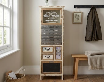 Boho Antique Distressed White Fir Wood And Metal Multi Drawer Apothecary Shabby Chic Tall Cabinet