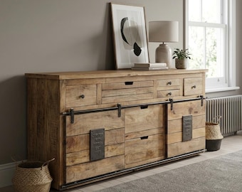 Industrial Rustic Solid Mango Wood And Black Metal Large Sideboard With 2 Sliding Doors And 7 Drawers 179cm