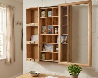 Boho Rustic  Solid Fir Wood And Sliding Glass Door Multi Compartment Printers Tray Wall Display Cabinet Wall Shelf