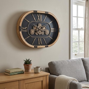 Large Oval Unusual Natural Wood Gold Moving Gears Wall Clock With Black Dial 68cm
