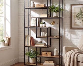 7 Tier Large Open Industrial Black Metal And Solid Wood Shelving Display Unit Bookcase 203cm