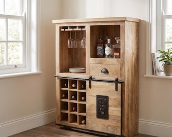 Mango Wood Wine Tall Cabinet Sideboard | Industrial Rustic Drinks Cabinet | 1 Drawer Bar Storage | Wine Rack & Glass Holder | Sliding Doors