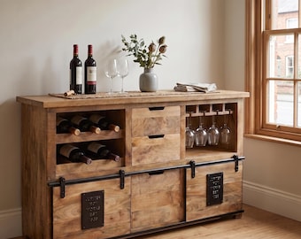 Mango Wood Wine Cabinet Sideboard | Industrial Rustic Drinks Cabinet | 3 Drawer Bar Storage | Wine Rack & Glass Holder | Sliding Doors
