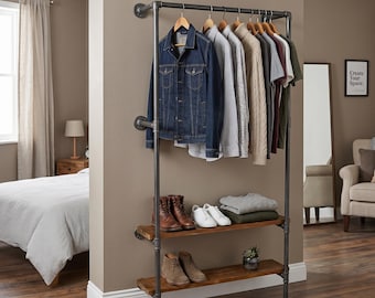 Industrial Steel Grey Metal Pipe Hall Stand Shelving Unit Coat Rack 194cm