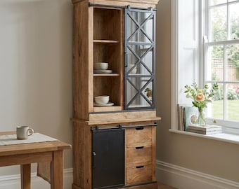 Industrial Mango Wood Dresser Cabinet | Black Metal Sliding Door Display Cupboard | Rustic Tall Storage Unit With Drawers | 211cm