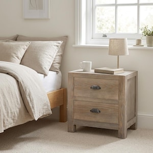 Haldon Rustic Pine 2 Drawer Bedside Table | Farmhouse Wooden Nightstand | Country Style Side Table with Metal Handles