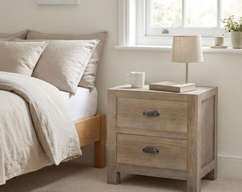 Haldon Rustic Pine 2 Drawer Bedside Table | Farmhouse Wooden Nightstand | Country Style Side Table with Metal Handles