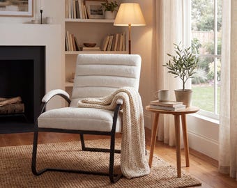 Cream Teddy Bouclé Ark Armchair – Soft Curved Accent Chair – Modern Scandi Lounge Chair – Cosy Bedroom Living Room Seating