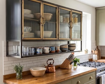 Industrial Black Metal Kitchen Storage Wall Cabinet with Ribbed Glass Doors 120cm