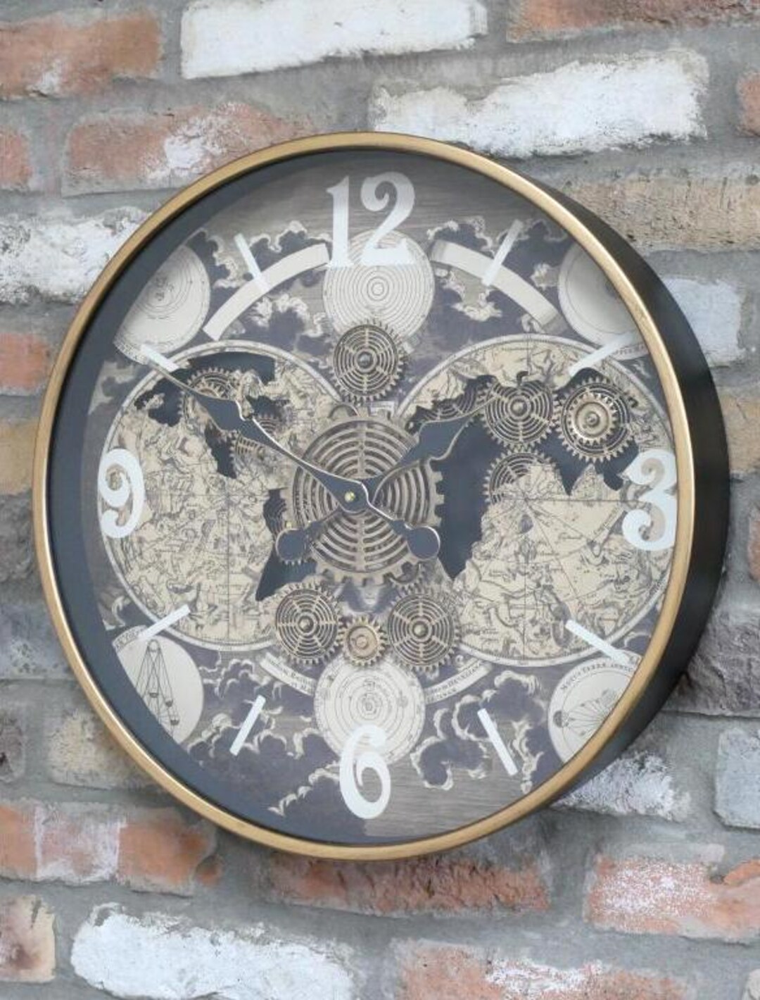 Black and Gold Wall Clock With World Map Design and Gold Visible Moving ...