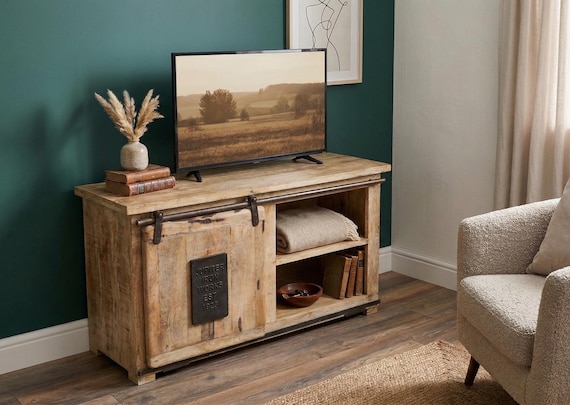 Industrial Rustic Solid Light Mango Wood And Black Metal 1 Sliding Door 2 Shelf TV Stand 110cm