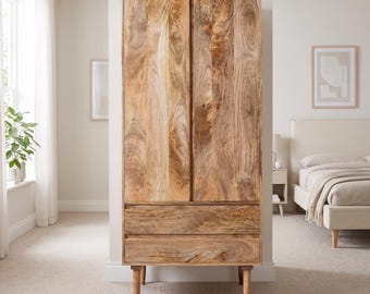 Solid Mango Wood Wardrobe 2 Door 2 Drawer – Rustic Wooden Clothing Storage Cabinet – Farmhouse Bedroom Armoire Closet