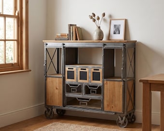 Industrial Black Metal & Solid Fir Wood Sideboard Cabinet on Wheels, Rustic Storage Cupboard, Industrial Furniture, 118cm