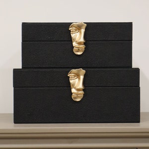 Set of 2 Black Faux Jewellery Boxes with Luxury Gold Face Statement Clasp