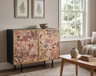 Floral Metal Sideboard Cabinet | 2 Door Tropical Pattern Storage Unit | Rustic Vintage Style Buffet Cabinet | Hallway Living Room