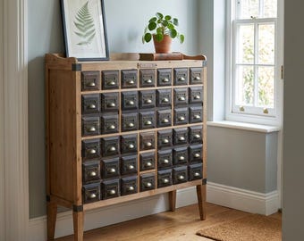 Industrial Boho Black Metal And Solid Wood Multi Drawer Apothecary Cabinet Sideboard