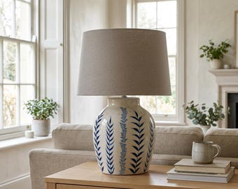 Blue Flora Ceramic Table Lamp | Botanical Pattern Cottagecore Lighting | Rustic Farmhouse Lamp | Neutral Shade Bedside Lamp