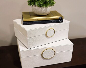 Set of 2 White Faux Jewellery Boxes with Gold Ring Clasp