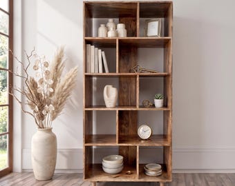Mango Wood Bookcase 5 Tier Open Shelves – Rustic Wooden Display Unit – Solid Wood Bookshelf Storage