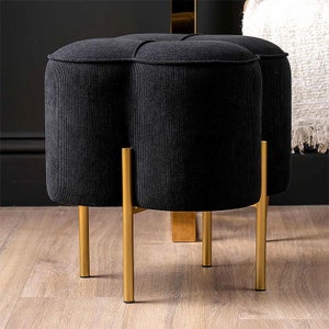 Black Velvet Clover Ottoman Seat Footstool with Gold Metal Legs