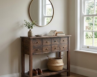 Rustic Reclaimed Fir Wooden 2 Tier 8 Drawer Apothecary Console Table – Slim Farmhouse Multi Drawer Unit –Hallway Console Unit – 107cm