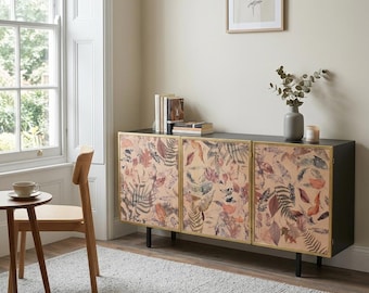 Floral Metal Sideboard Cabinet | 3 Door Tropical Pattern Storage Unit | Rustic Vintage Style Buffet Cabinet | Hallway Living Room