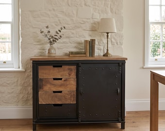 Industrial Rustic Solid Mango Wood And Iron Sideboard Cabinet With Sliding Door 4 Drawers & Shelf