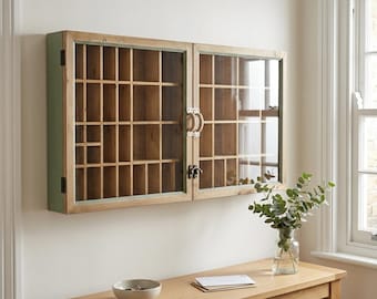 Boho Rustic Solid Light Fir Wood And Glass Multi Compartment Printers Tray Wall Display Cabinet Wall Shelf 90cm