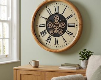Wooden Rustic Farmhouse Industrial Round Unusual Wall Clock With Gold Moving Gears 50cm