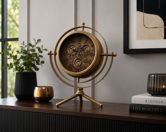 Industrial Unusual Moving Gear Clock Mantel Clock | Steampunk Desk Clock | Vintage Style Clock | Decorative Table Clock Home Office Decor